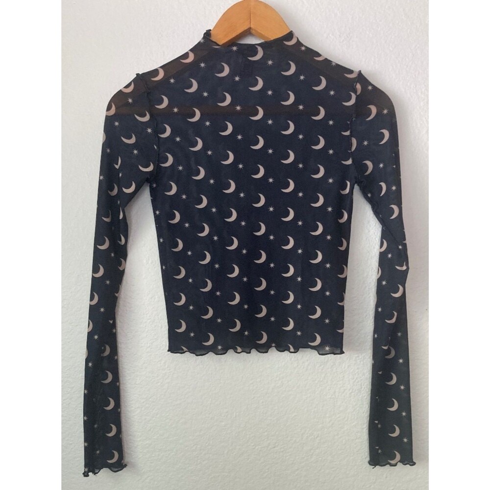 Celestial Sheer Mesh Moons Stars Y2K 90s Mall Goth Long Sleeve Crop Top Small